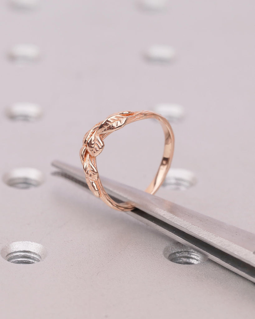 Engraved Lotus Leaves Ring, 14k Rose Gold Curved Wedding Band Women, Unique Floral Jewelry, Art Deco Nature Inspired Matching Rings for Her image #14