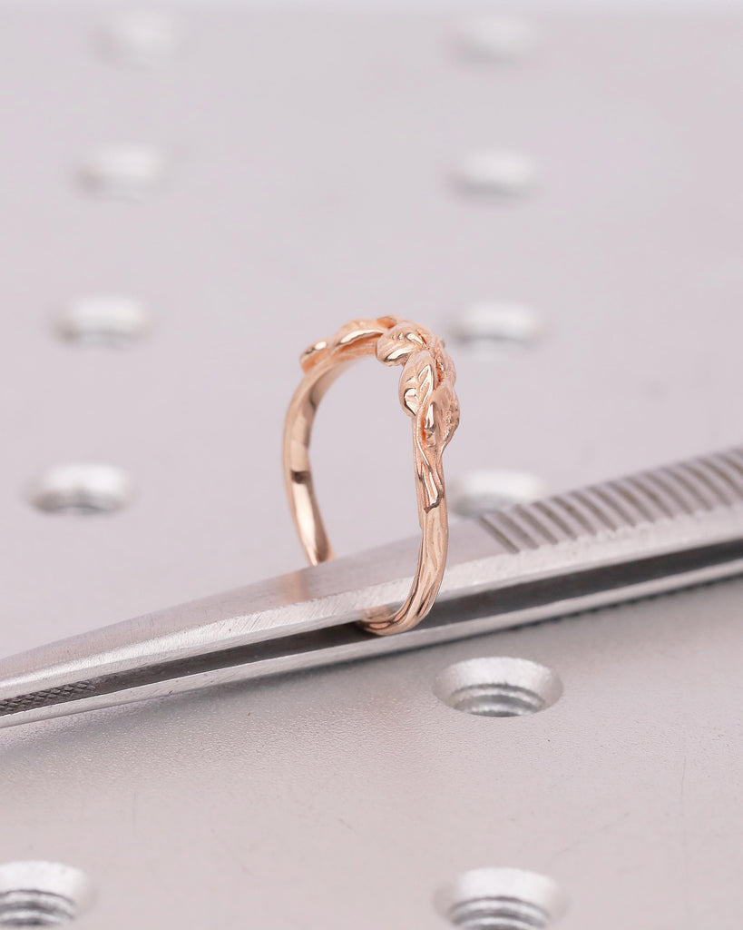 14k Rose Gold Wedding Band, Handcrafted Nature Ring, Stackable Flower Rings image #6