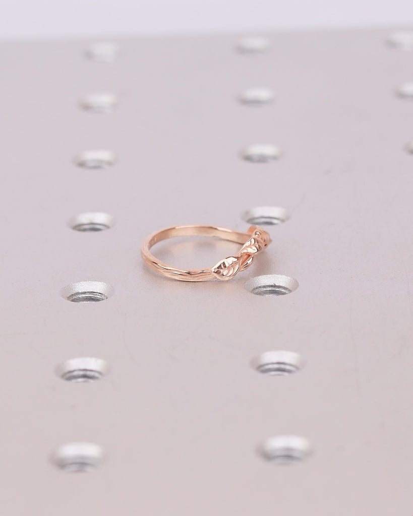 14k Rose Gold Wedding Band, Handcrafted Nature Ring, Stackable Flower Rings image #18