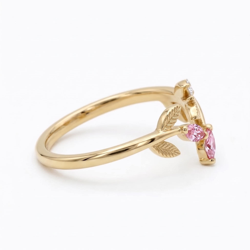 14K/18K Gold Pink Diamond Olive Leaf Wedding Ring | Dainty Elven Ring Women Jewelry | Thin Wedding Band Stacking Ring image #3