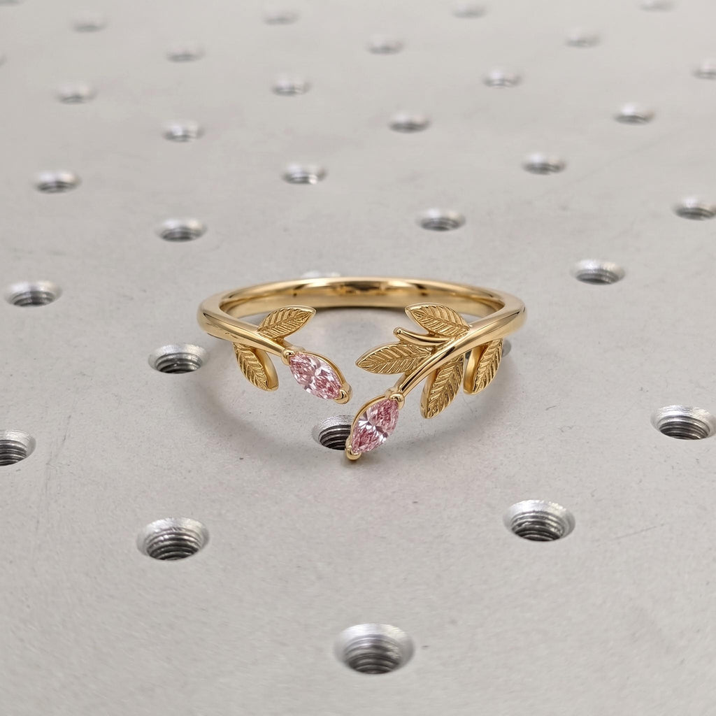 Pink Marquise Lab Grown Diamond Promise Rings for Women | Vintage Gold Leaf Ring | Custom Engagement Ring | Birthday Anniversary Gift image #2