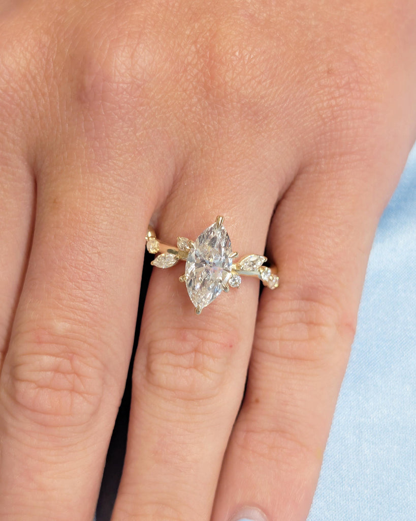 14k Solid Gold Moissanite Flower Ring, Marquise Engagement Ring, Diamond Cluster Bridal Jewelry image #4