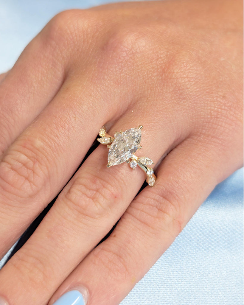 14k Solid Gold Moissanite Flower Ring, Marquise Engagement Ring, Diamond Cluster Bridal Jewelry image #13