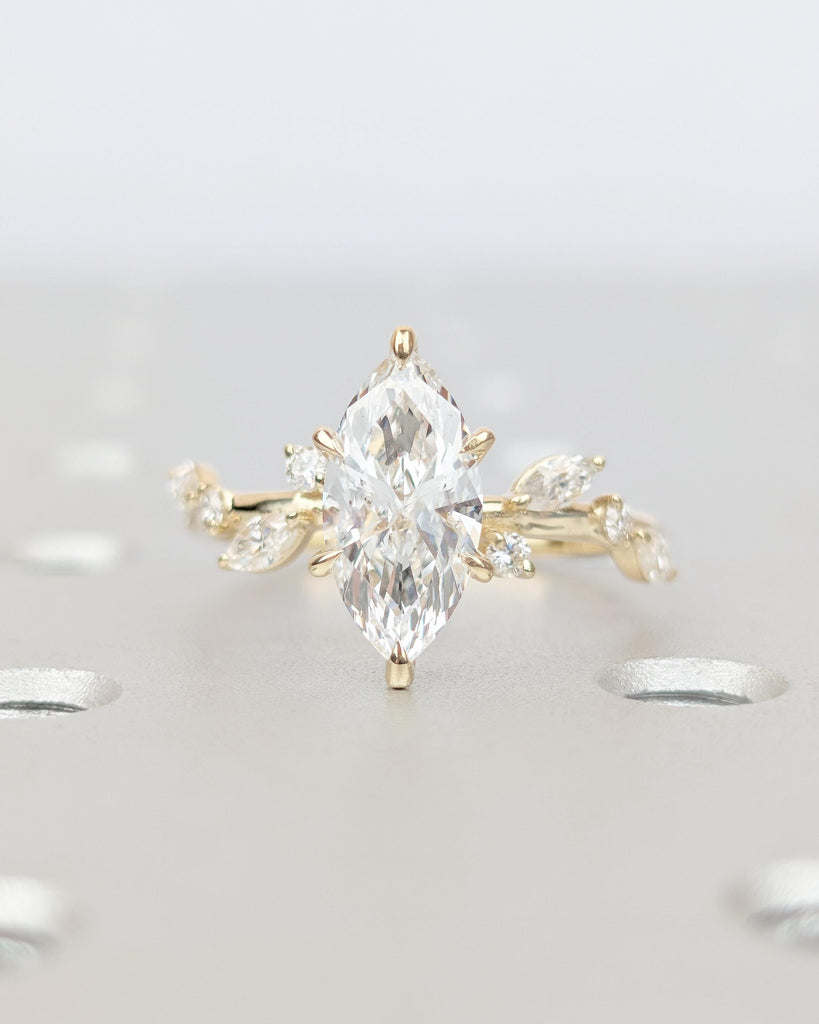 14k Solid Gold Moissanite Flower Ring, Marquise Engagement Ring, Diamond Cluster Bridal Jewelry image #16