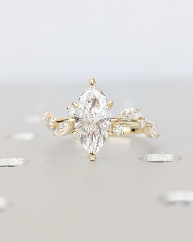 Marquise Moissanite Engagement Ring, Art Deco 14k Yellow Gold Promise Rings for Women, Diamond Side Stone, Unique Leaf Vine Wedding Ring image #14