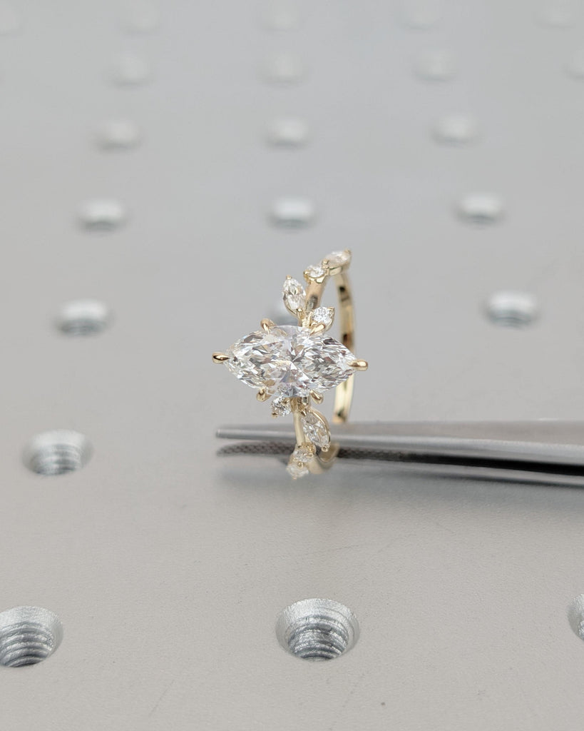 14k Solid Gold Moissanite Flower Ring, Marquise Engagement Ring, Diamond Cluster Bridal Jewelry image #17