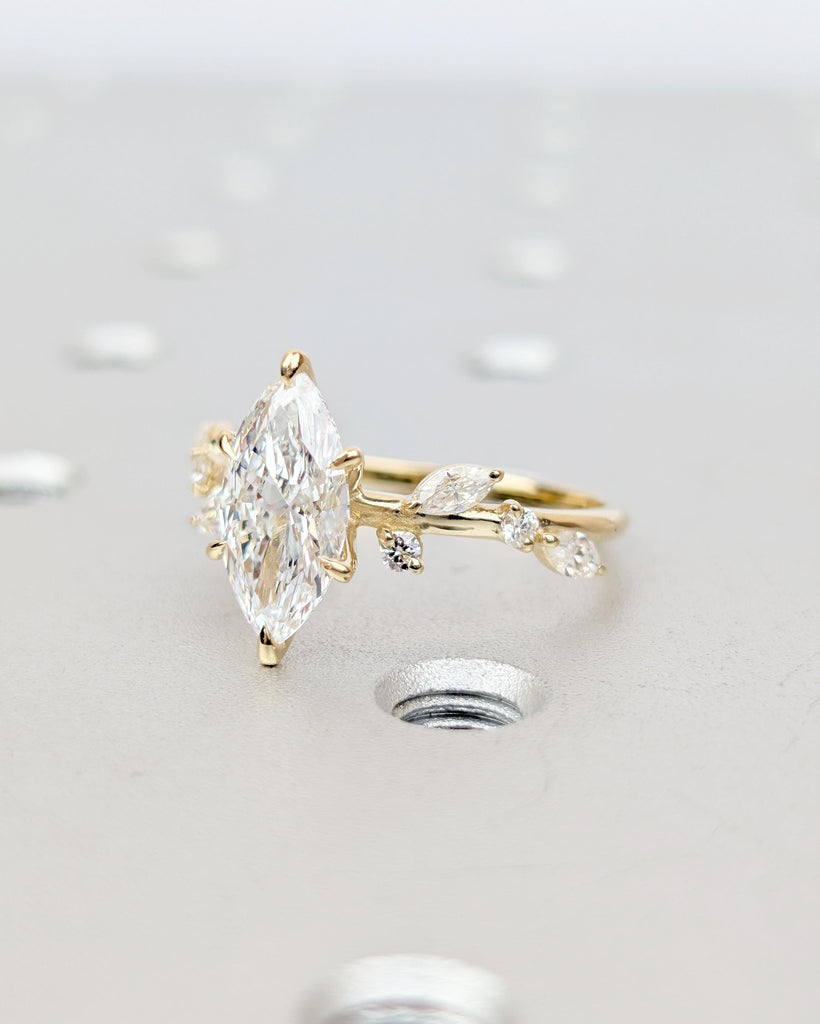 Nature Inspired Engagement Ring, Marquise Lab Made Diamond Ring in 14k Gold, Botanical Rings image #16