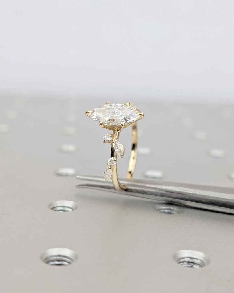 14k Solid Gold Moissanite Flower Ring, Marquise Engagement Ring, Diamond Cluster Bridal Jewelry image #19