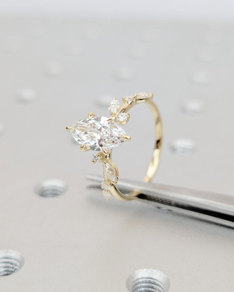 1.5ct Marquise Lab Grown Diamond Engagement Ring, 18k/14k Yellow Gold Leaves Vine Band, Personalized Flower Ring, Unique Handmade Jewelry image #19