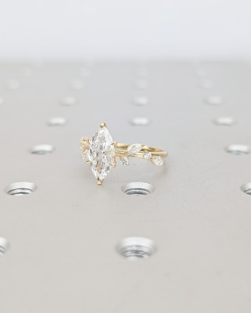 Nature Inspired Engagement Ring, Marquise Lab Made Diamond Ring in 14k Gold, Botanical Rings image #3