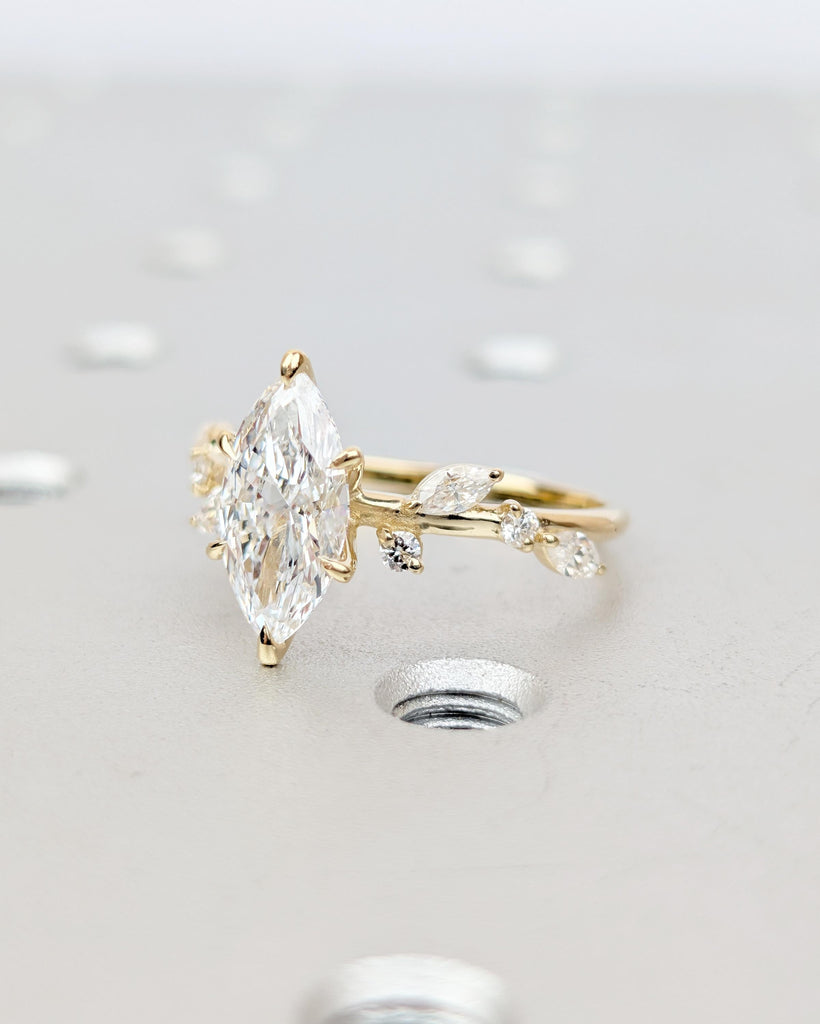 14k Solid Gold Moissanite Flower Ring, Marquise Engagement Ring, Diamond Cluster Bridal Jewelry image #1