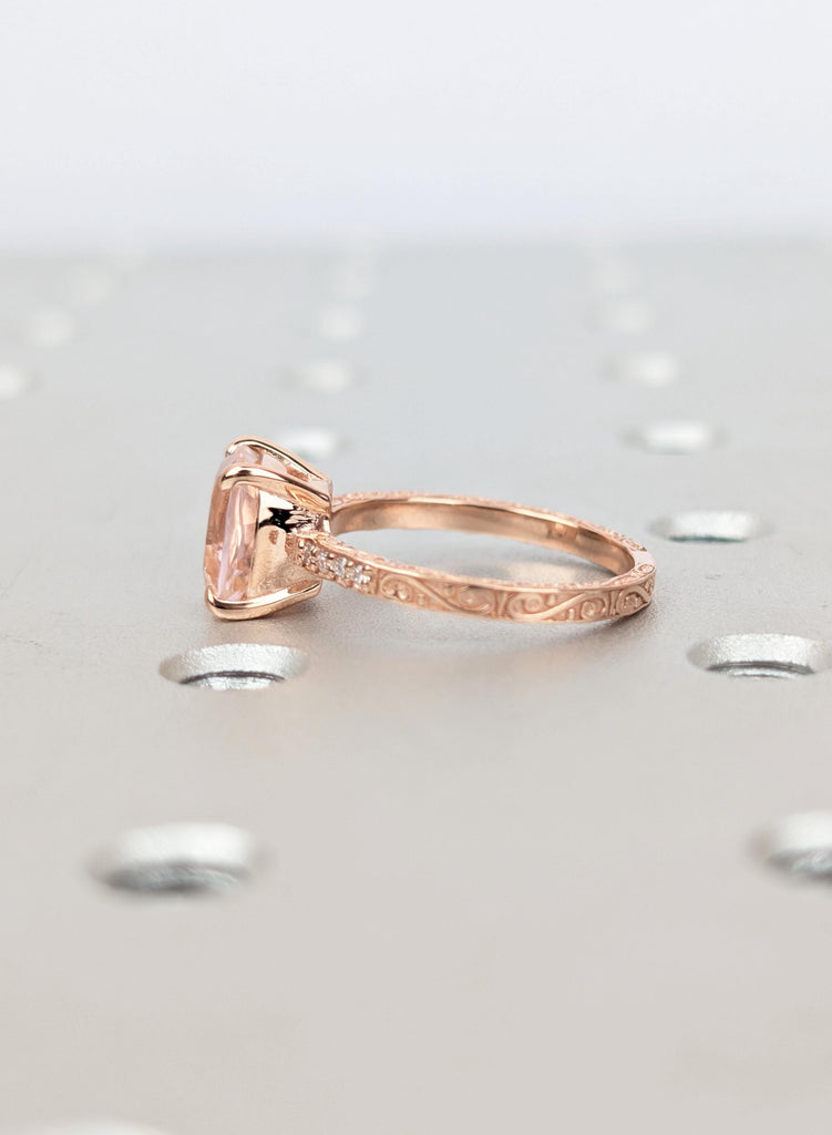 Peach Morganite Ring Rose Gold, Antique Cushion Cut Gemstone Ring, Hand Engraved Half Eternity Bridal Ring, Blush Beryl Anniversary Gift image #5