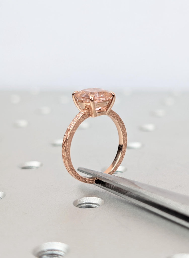 Peach Morganite Ring Rose Gold, Antique Cushion Cut Gemstone Ring, Hand Engraved Half Eternity Bridal Ring, Blush Beryl Anniversary Gift image #3