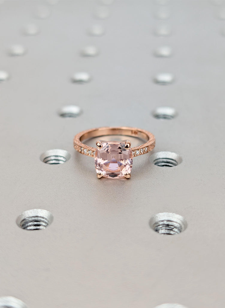 Cushion Cut Morganite Engagement Ring, Vintage Filigree Engraved Band 14K Rose Gold Diamond Ring, Pink Peach Morganite Ring, Bridal Jewelry image #2