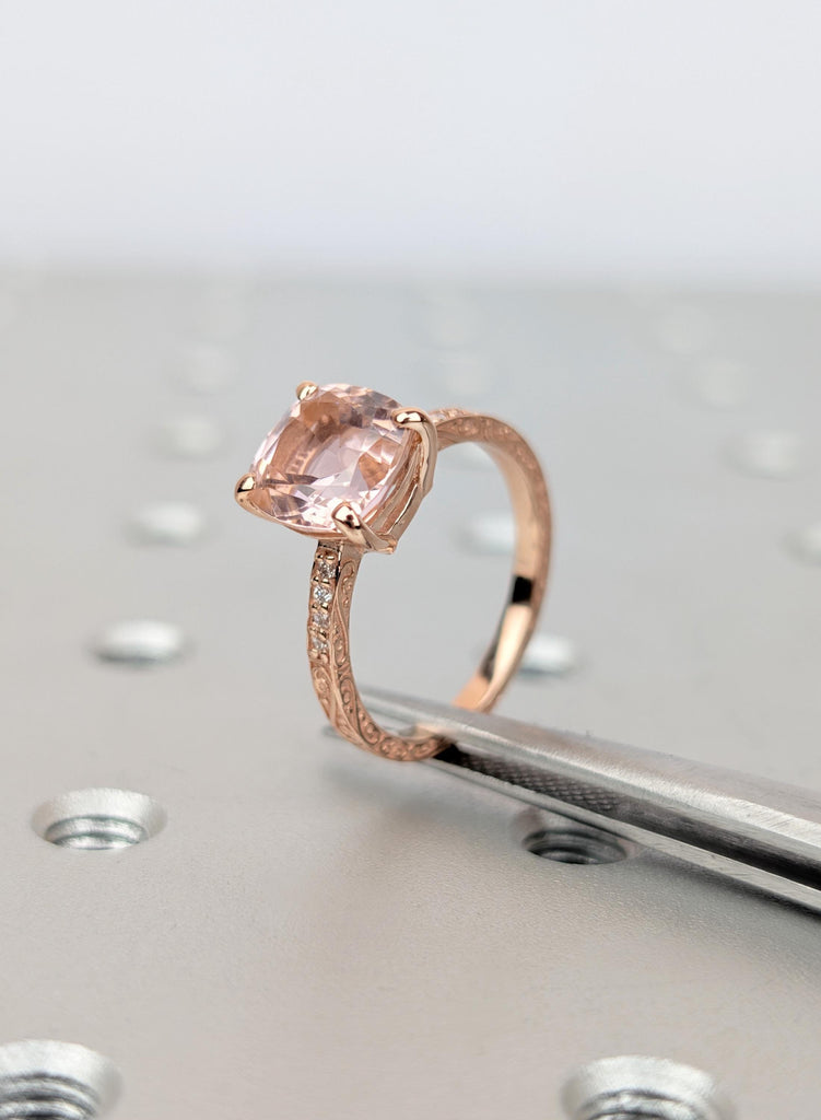 Peach Morganite Ring Rose Gold, Antique Cushion Cut Gemstone Ring, Hand Engraved Half Eternity Bridal Ring, Blush Beryl Anniversary Gift image #9