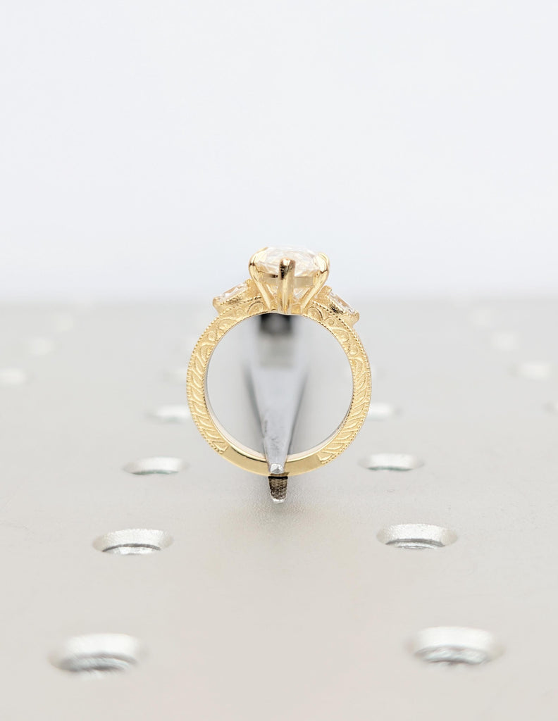 3 Carat Lab Grown Marquise Three Stone Diamond Engagement Ring, Milgrain 18k Gold Statement Rings for Women, Vintage Style Scrollwork Band image #8