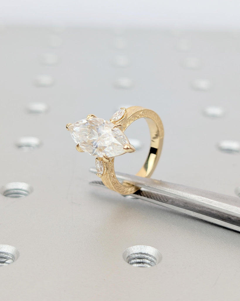 Marquise Cut Lab Created Diamond Engagement Ring, 18k Solid Gold Leaf Engraved Band image #3