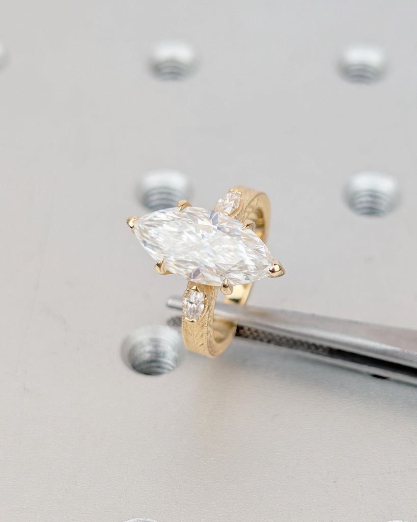 IGI Certified Lab Made Diamond Ring, Vintage Inspired Three Stone Marquise Engagement Ring, Art Deco 18k Yellow Gold Filigree Wedding Rings image #9