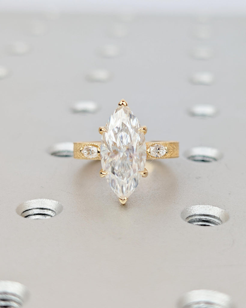 3 Carat Lab Grown Marquise Three Stone Diamond Engagement Ring, Milgrain 18k Gold Statement Rings for Women, Vintage Style Scrollwork Band image #19