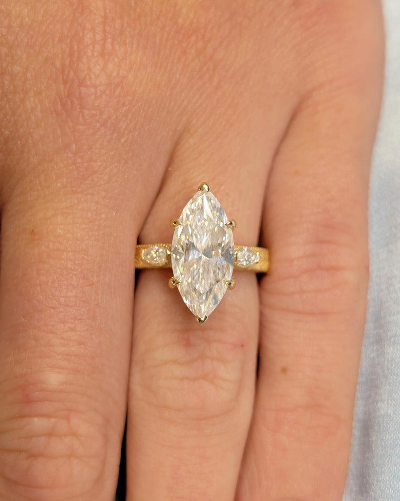IGI Certified Lab Made Diamond Ring, Vintage Inspired Three Stone Marquise Engagement Ring, Art Deco 18k Yellow Gold Filigree Wedding Rings image #16