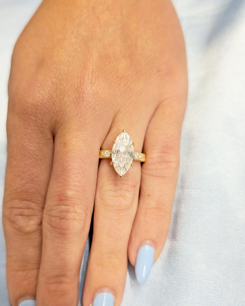 Marquise Cut Lab Created Diamond Engagement Ring, 18k Solid Gold Leaf Engraved Band image #13