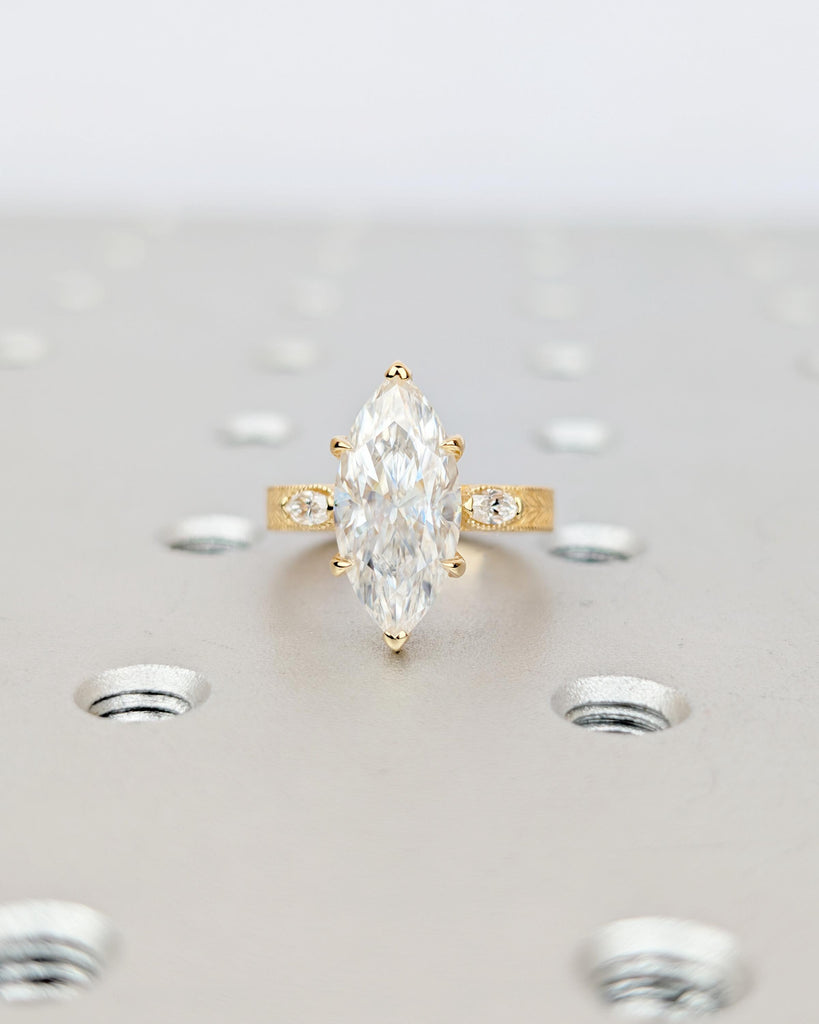 Marquise Cut Lab Created Diamond Engagement Ring, 18k Solid Gold Leaf Engraved Band image #12