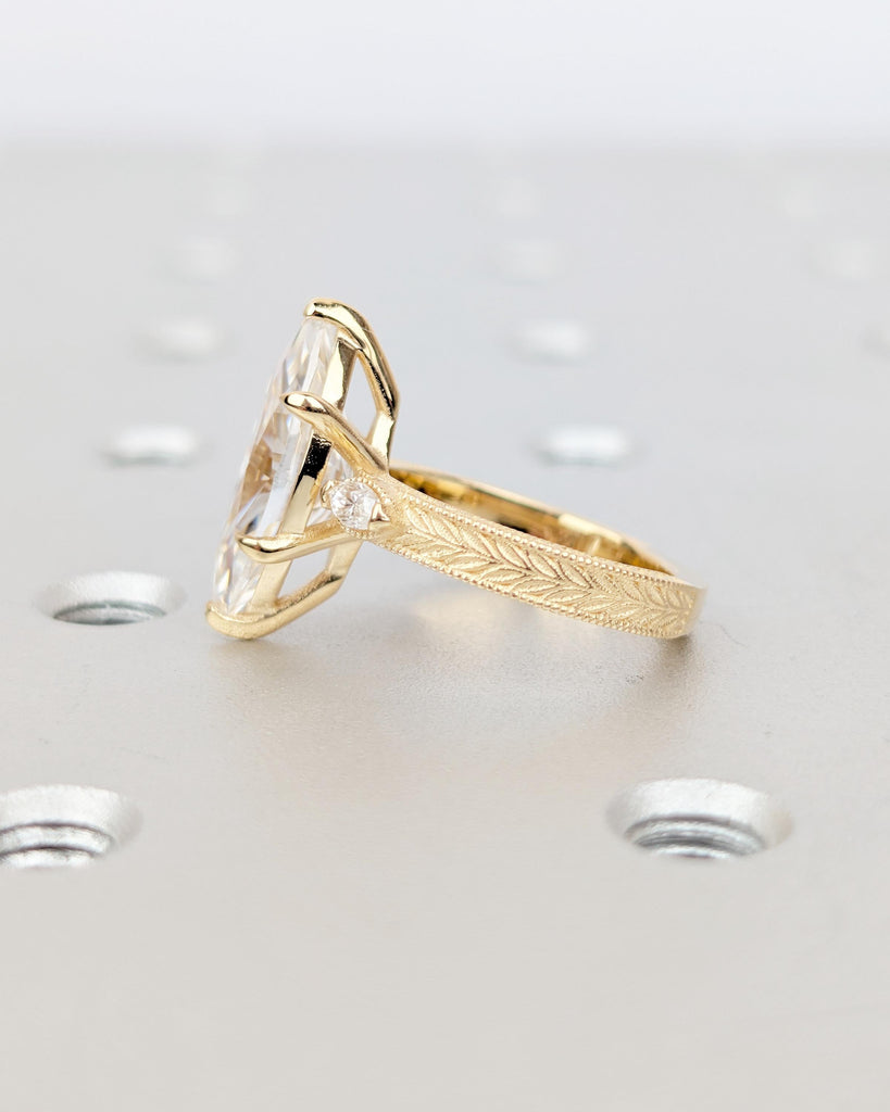 Marquise Cut Lab Created Diamond Engagement Ring, 18k Solid Gold Leaf Engraved Band image #4