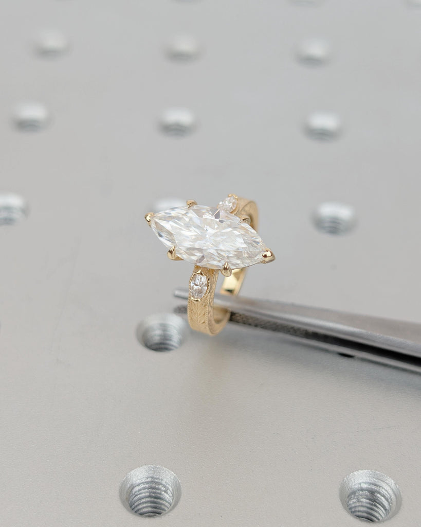 IGI Certified Lab Made Diamond Ring, Vintage Inspired Three Stone Marquise Engagement Ring, Art Deco 18k Yellow Gold Filigree Wedding Rings image #18
