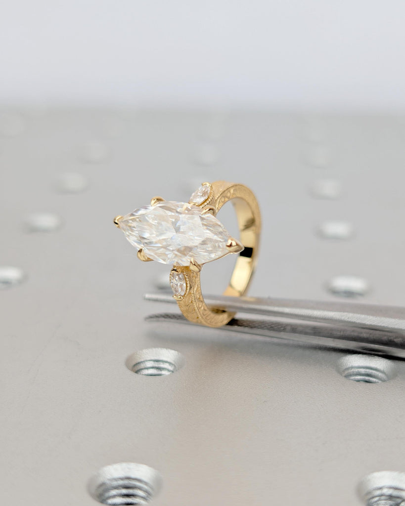 3 Carat Lab Grown Marquise Three Stone Diamond Engagement Ring, Milgrain 18k Gold Statement Rings for Women, Vintage Style Scrollwork Band image #5