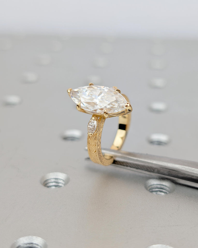 18k Gold Marquise Moissanite Ring, Nature Inspired Engagement Ring, Milgrain Leaf Engraved Band, Personalized Handmade Heirloom Jewelry image #17