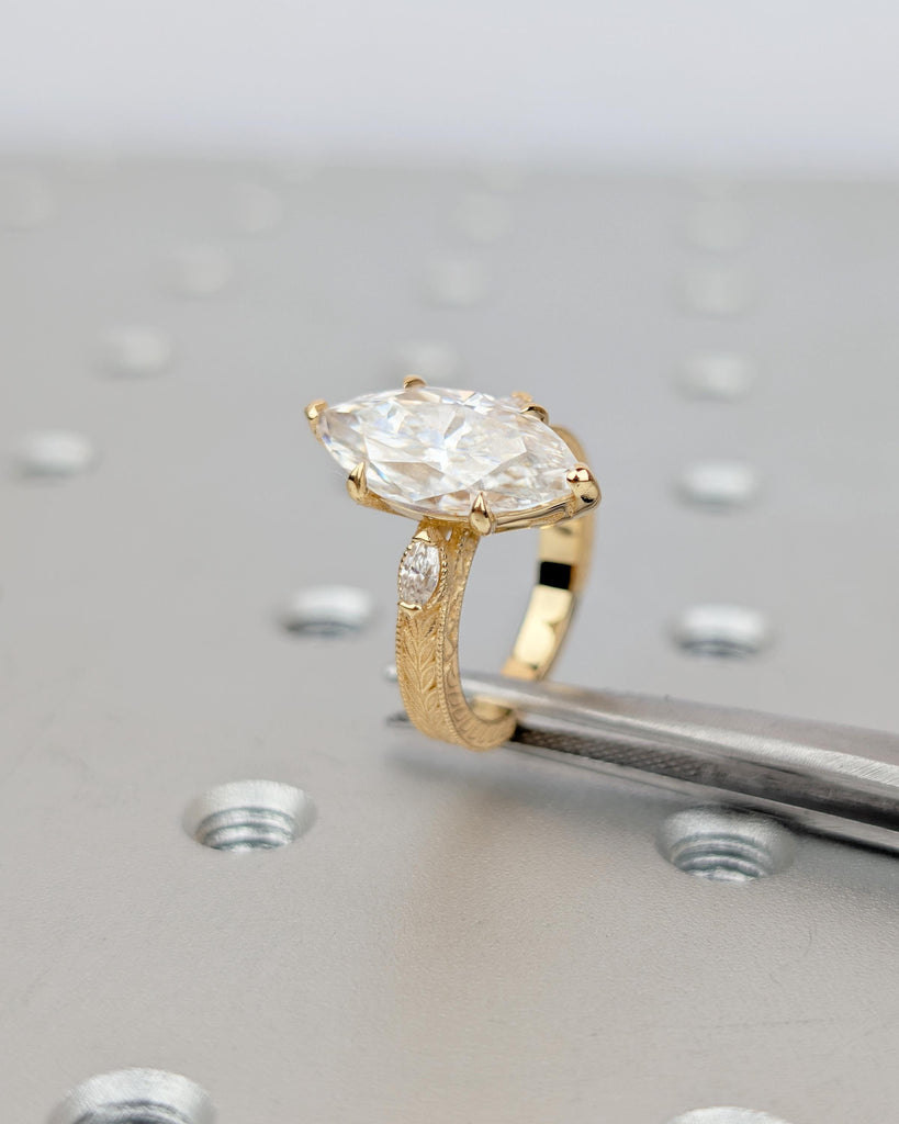 Vintage Moissanite Engagement Ring, 18k Solid Gold Marquise Cut 3 Stone Ring, Antique Jewelry image #17
