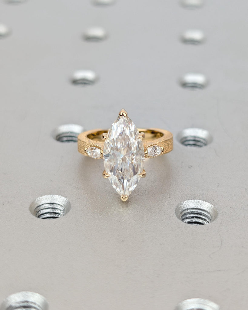 IGI Certified Lab Made Diamond Ring, Vintage Inspired Three Stone Marquise Engagement Ring, Art Deco 18k Yellow Gold Filigree Wedding Rings image #7