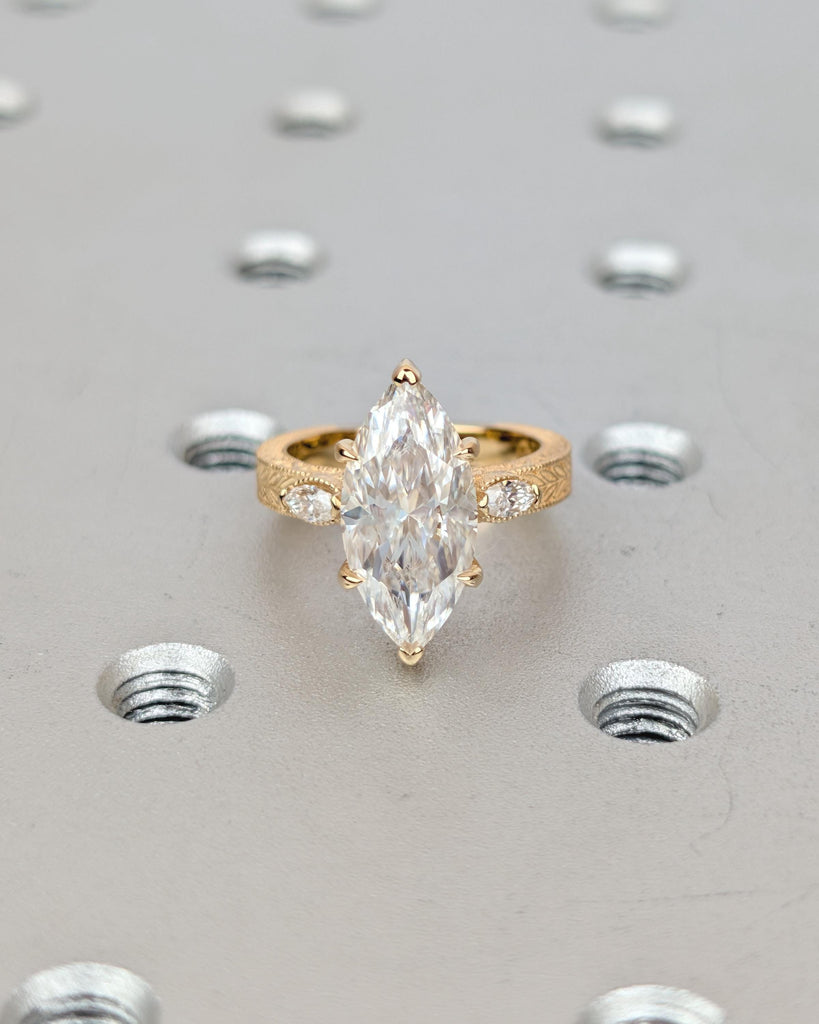 3 Carat Lab Grown Marquise Three Stone Diamond Engagement Ring, Milgrain 18k Gold Statement Rings for Women, Vintage Style Scrollwork Band image #12