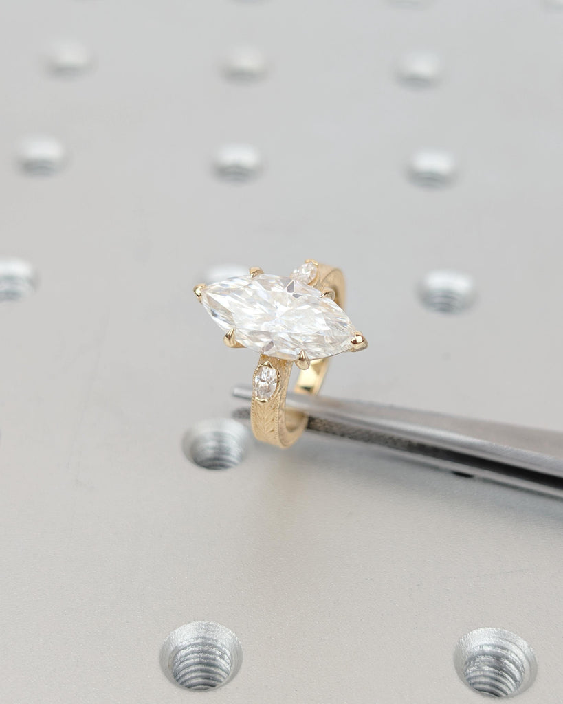 3 Carat Lab Grown Marquise Three Stone Diamond Engagement Ring, Milgrain 18k Gold Statement Rings for Women, Vintage Style Scrollwork Band image #4