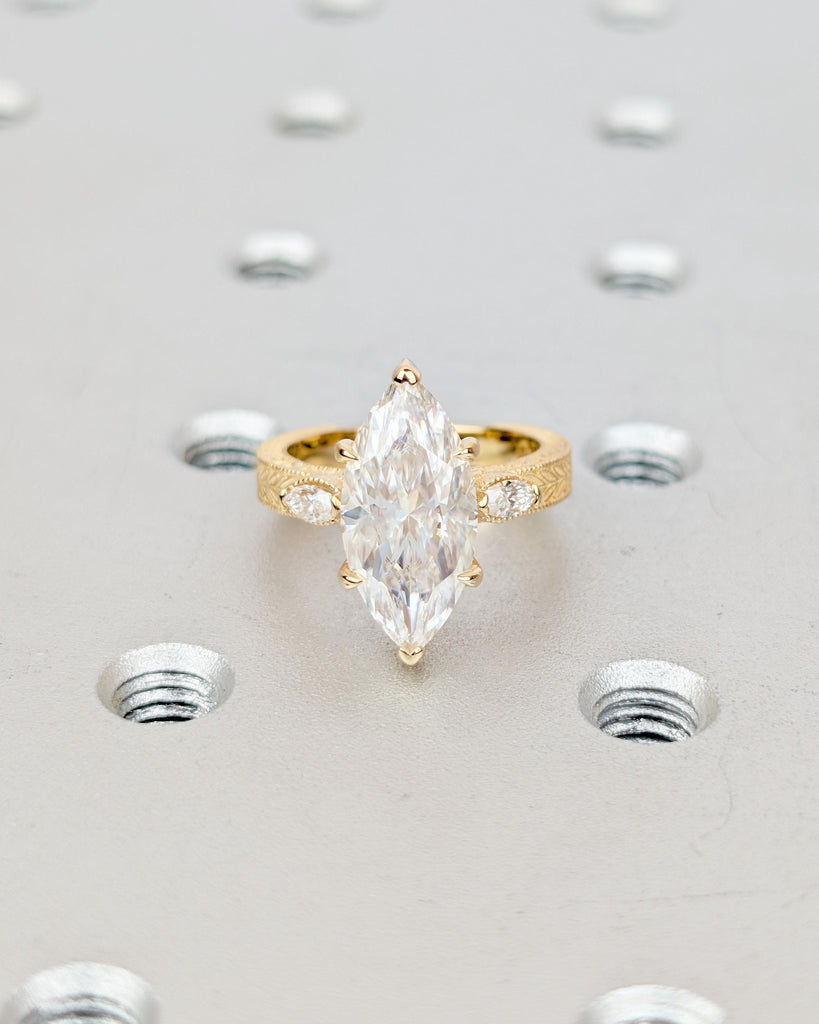 Marquise Cut Lab Created Diamond Engagement Ring, 18k Solid Gold Leaf Engraved Band image #2