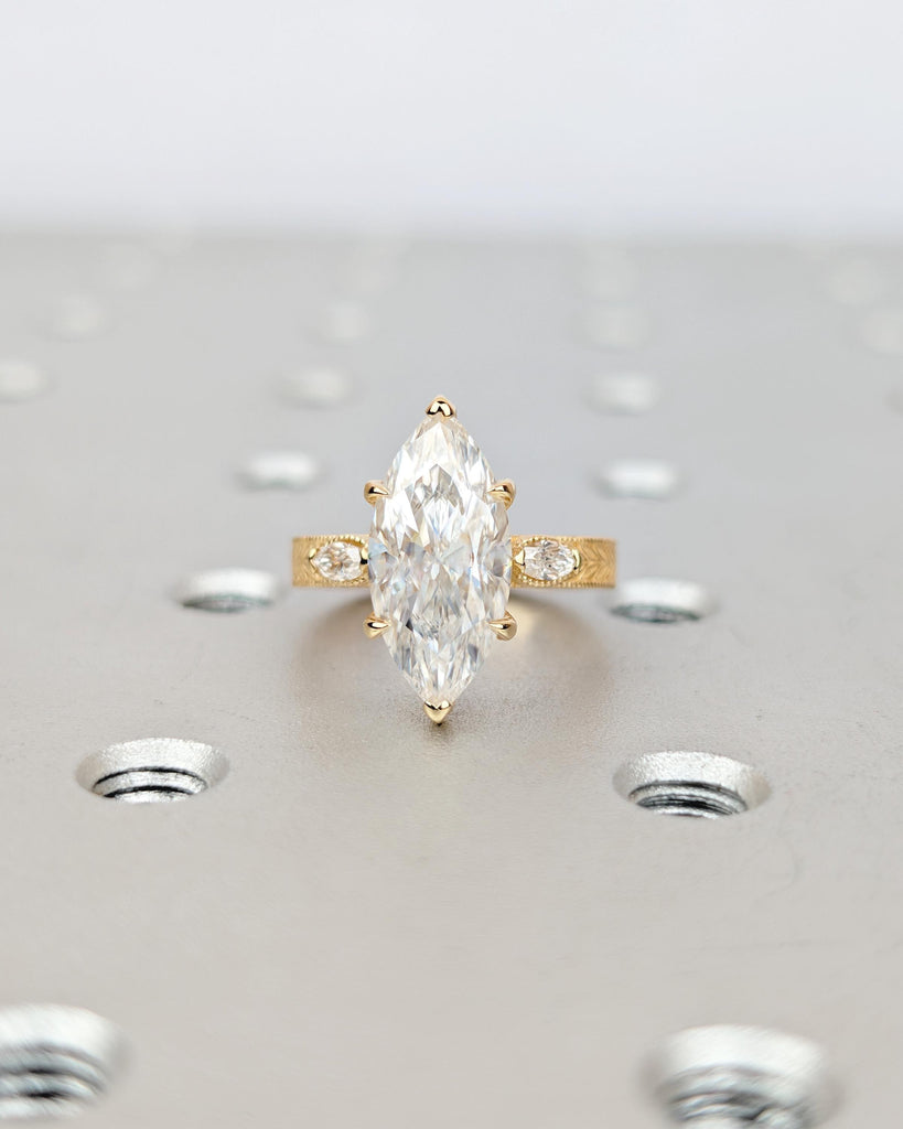 Marquise Cut Lab Created Diamond Engagement Ring, 18k Solid Gold Leaf Engraved Band image #10