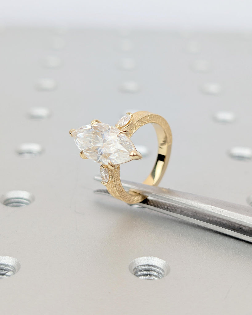 3 Carat Lab Grown Marquise Three Stone Diamond Engagement Ring, Milgrain 18k Gold Statement Rings for Women, Vintage Style Scrollwork Band image #2