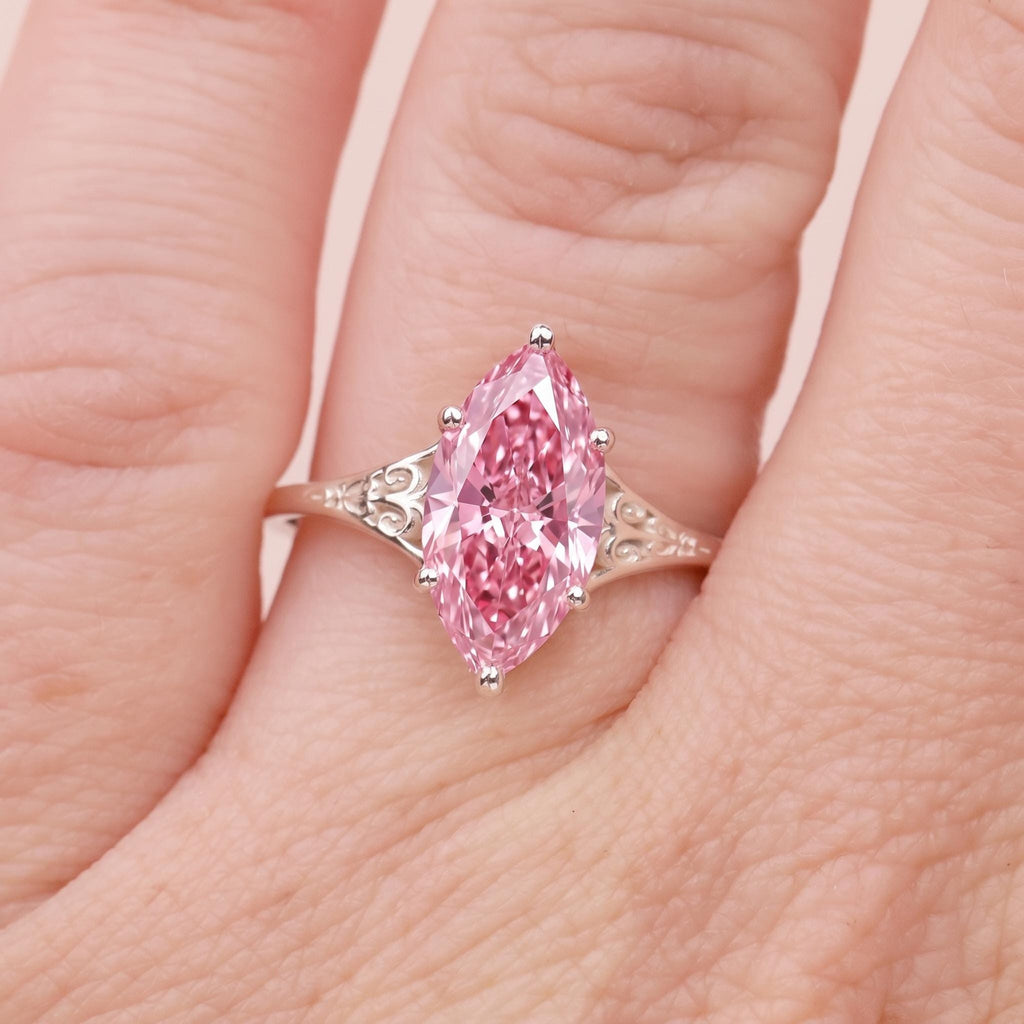 Sterling Silver Pink Diamond Ring | Edwardian Marquise Solitaire Engagement Ring | Antique Filigree Wedding Bands for Women image #2