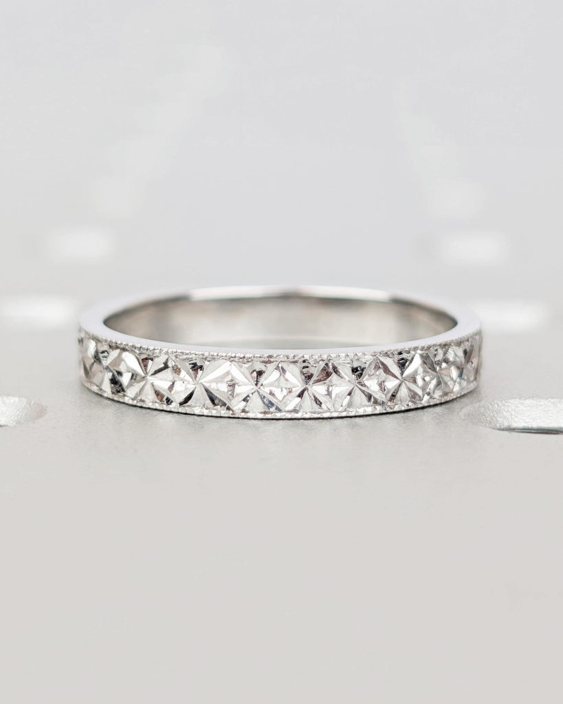 Vintage Engraved Wedding Band 3mm, Solid Gold or Platinum Wedding Ring, Floral Starburst Diamond Pattern, Unique Stacking Ring image #5