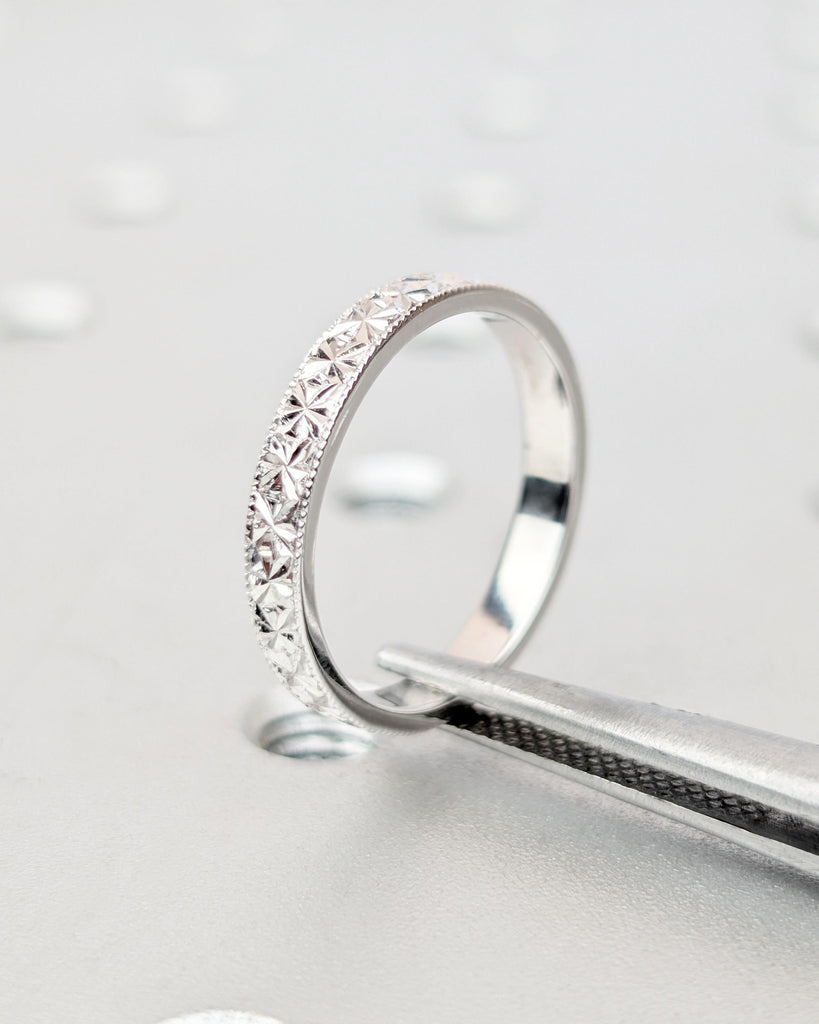 Vintage Engraved Wedding Band 3mm, Solid Gold or Platinum Wedding Ring, Floral Starburst Diamond Pattern, Unique Stacking Ring image #7