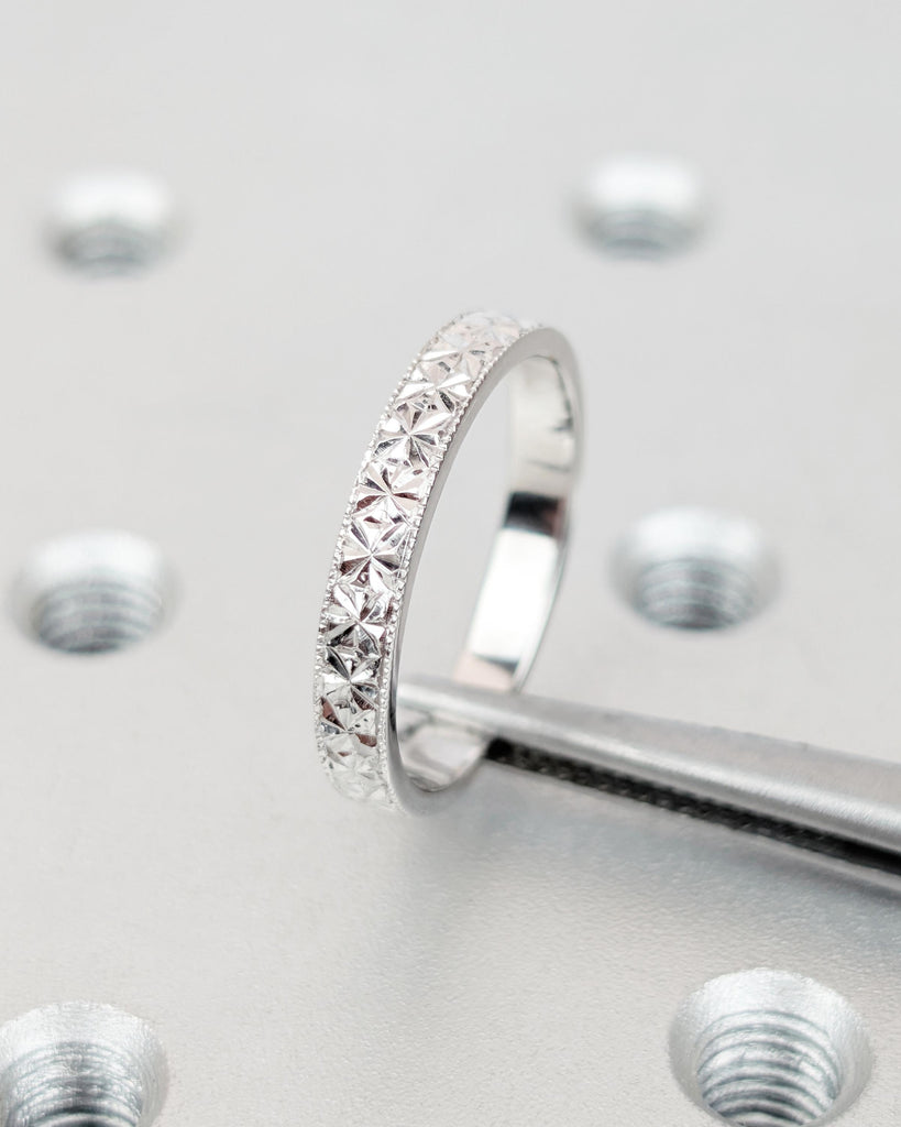 14K Solid Gold Engraved Wedding Band | Vintage Wedding Ring | Unique Hand-carved Floral Diamond Pattern | 3mm Dainty Stacking Ring for Women image #5