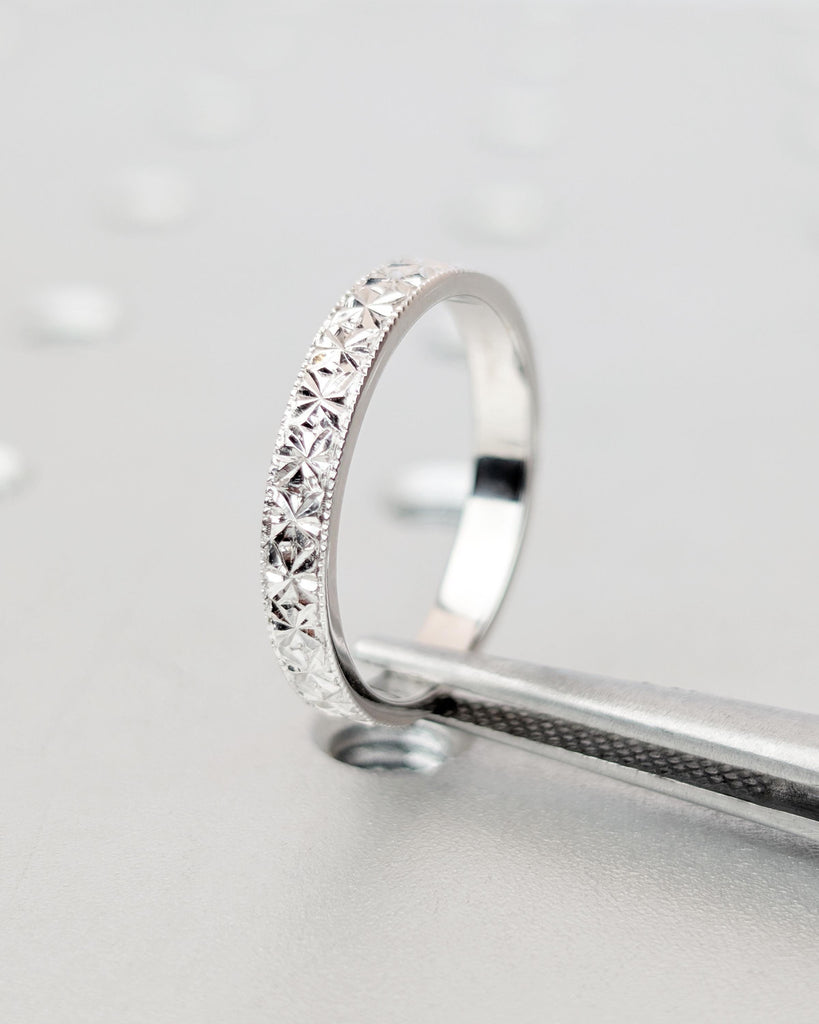 14K Solid Gold Engraved Wedding Band | Vintage Wedding Ring | Unique Hand-carved Floral Diamond Pattern | 3mm Dainty Stacking Ring for Women image #6
