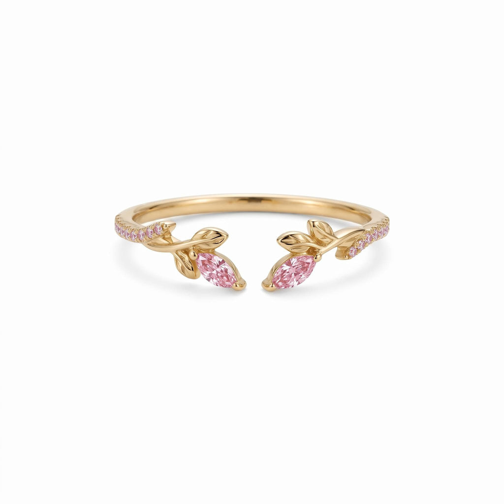 Vintage Pink Diamond 14k/18k Gold Olive Leaf Open Ring | Half Eternity Wedding Ring for Women | Thin Wedding Band Stacking Ring image #3