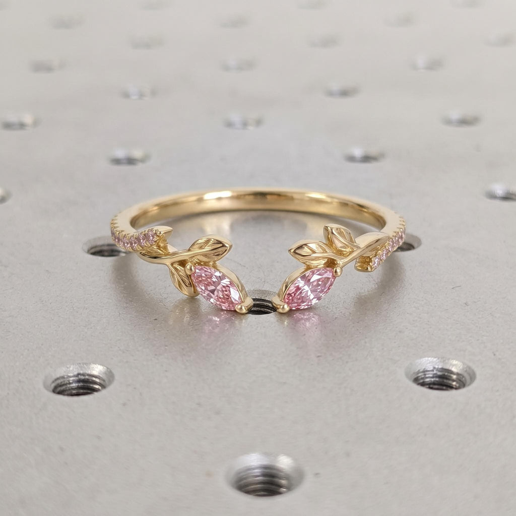 Vintage Pink Diamond 14k/18k Gold Olive Leaf Open Ring | Half Eternity Wedding Ring for Women | Thin Wedding Band Stacking Ring image #1