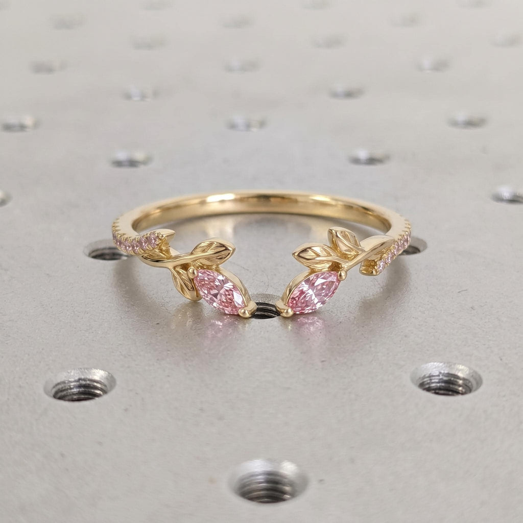 Solid Gold Leaf Lab Grown Diamond Wedding Bands for Women | Pink Gemstone Vintage Jewelry Birthday Anniversary Gift image #4