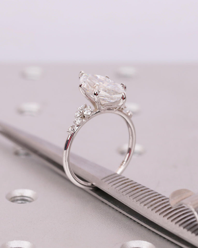 3.5ct Marquise Cut Lab Grown Diamond Wedding Ring for Her, 14k white Gold Engagement Ring, Unique Snowdrift 6 Prong Cluster Promise Rings image #19
