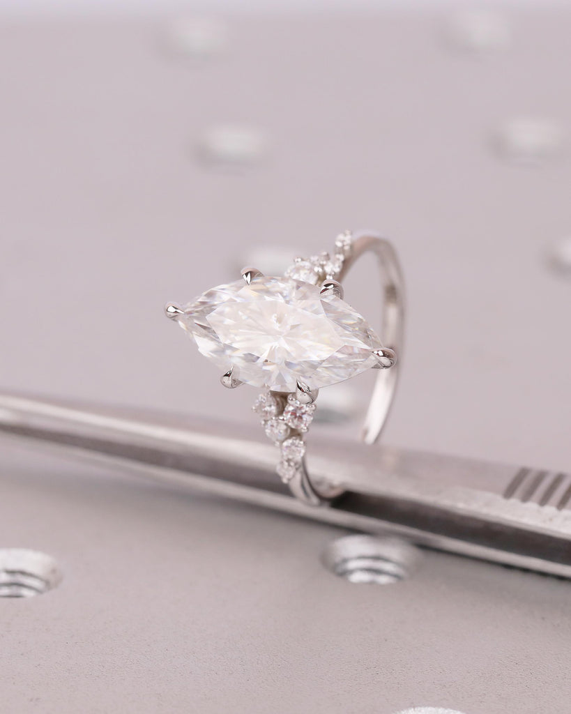3.5ct Marquise Cut Lab Grown Diamond Wedding Ring for Her, 14k white Gold Engagement Ring, Unique Snowdrift 6 Prong Cluster Promise Rings image #11