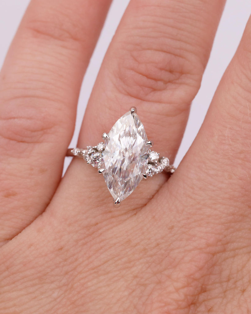 3.5ct Marquise Cut Lab Grown Diamond Wedding Ring for Her, 14k white Gold Engagement Ring, Unique Snowdrift 6 Prong Cluster Promise Rings image #2