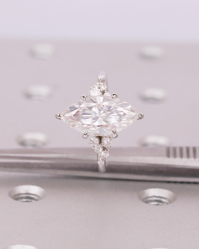 14k White Gold Marquise Moissanite Engagement Ring, Snowdrift Diamond Cluster Wedding Rings for Women, Unique Bridal Jewelry, Custom Ring image #12
