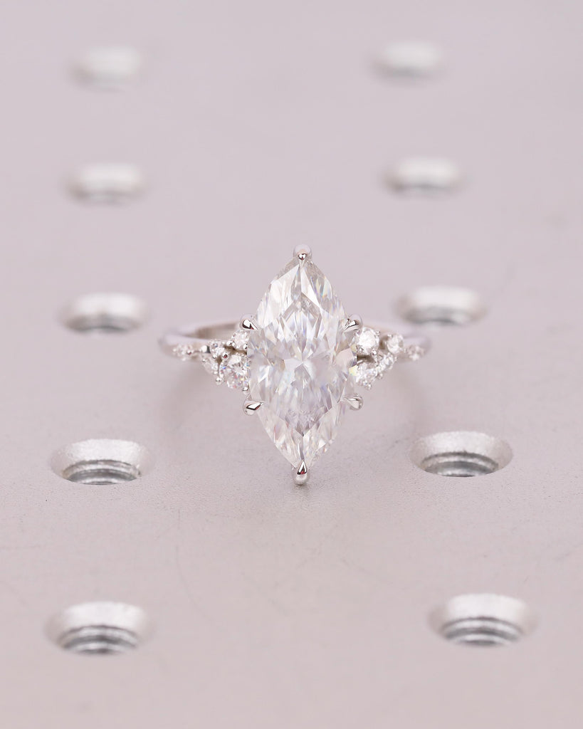 14k White Gold Marquise Moissanite Engagement Ring, Snowdrift Diamond Cluster Wedding Rings for Women, Unique Bridal Jewelry, Custom Ring image #8